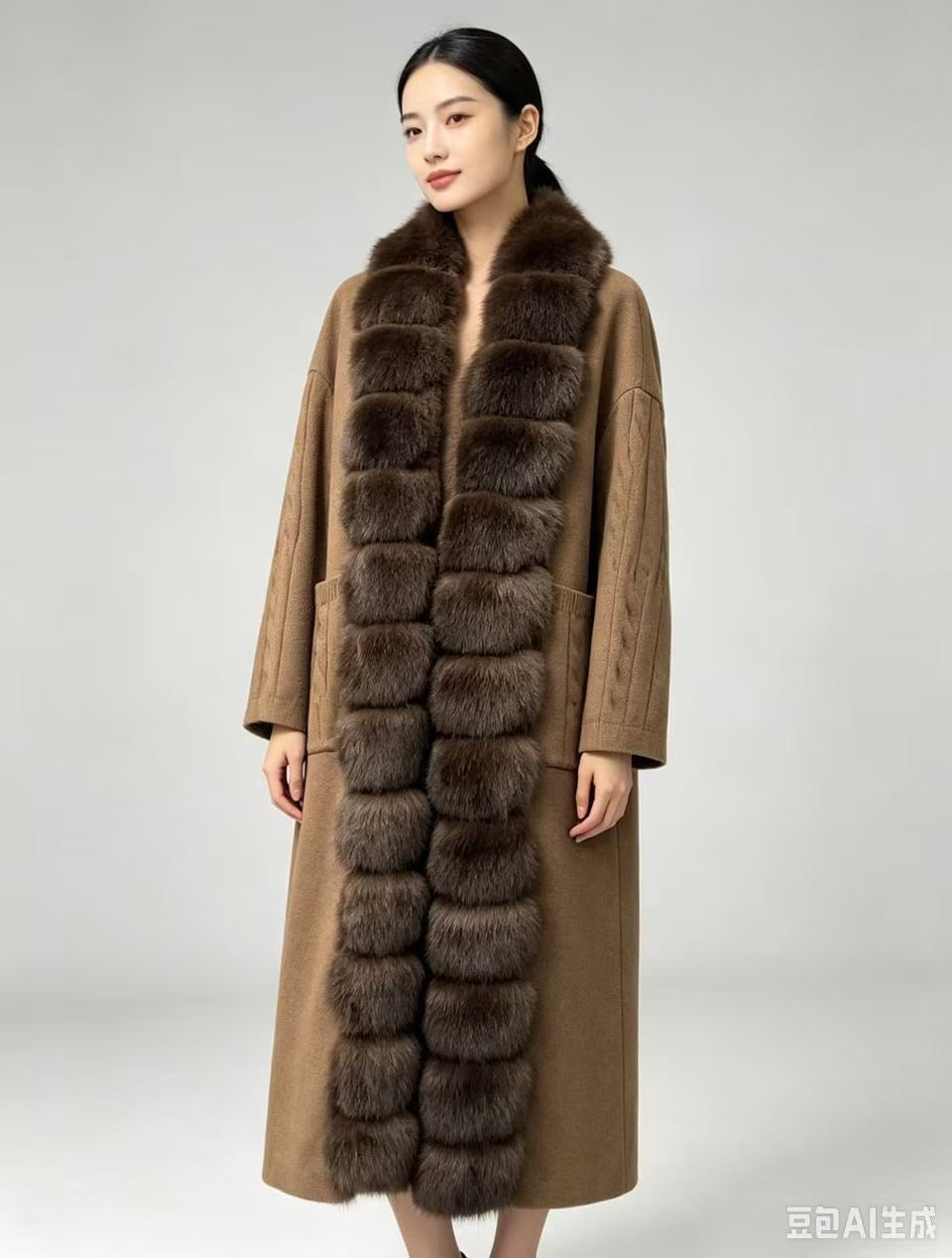 Women’s Long Knit-Panel Wool Coat with Fur Collar