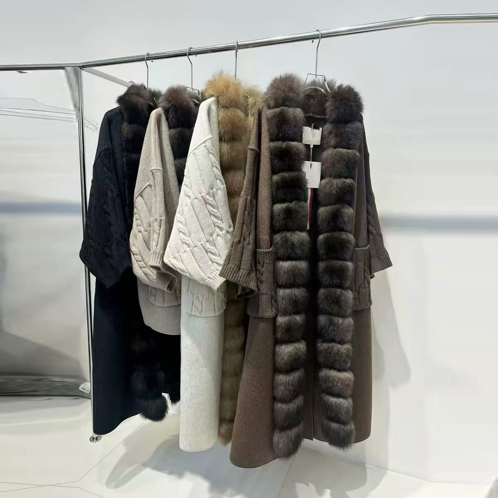 Women’s Long Knit-Panel Wool Coat with Fur Collar