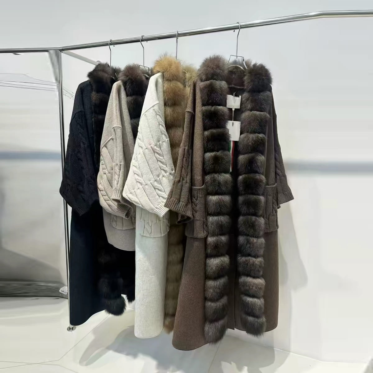 Women’s Long Knit-Panel Wool Coat with Fur Collar