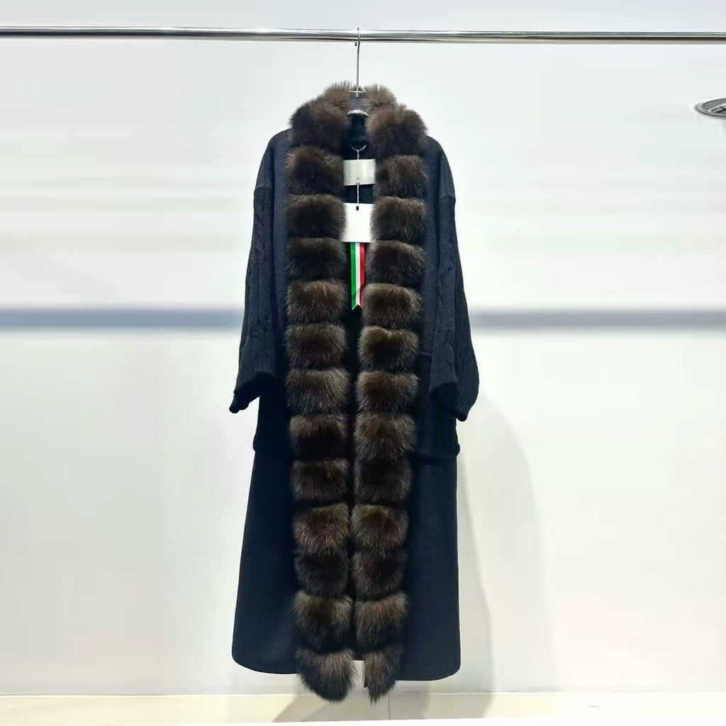 Women’s Long Knit-Panel Wool Coat with Fur Collar