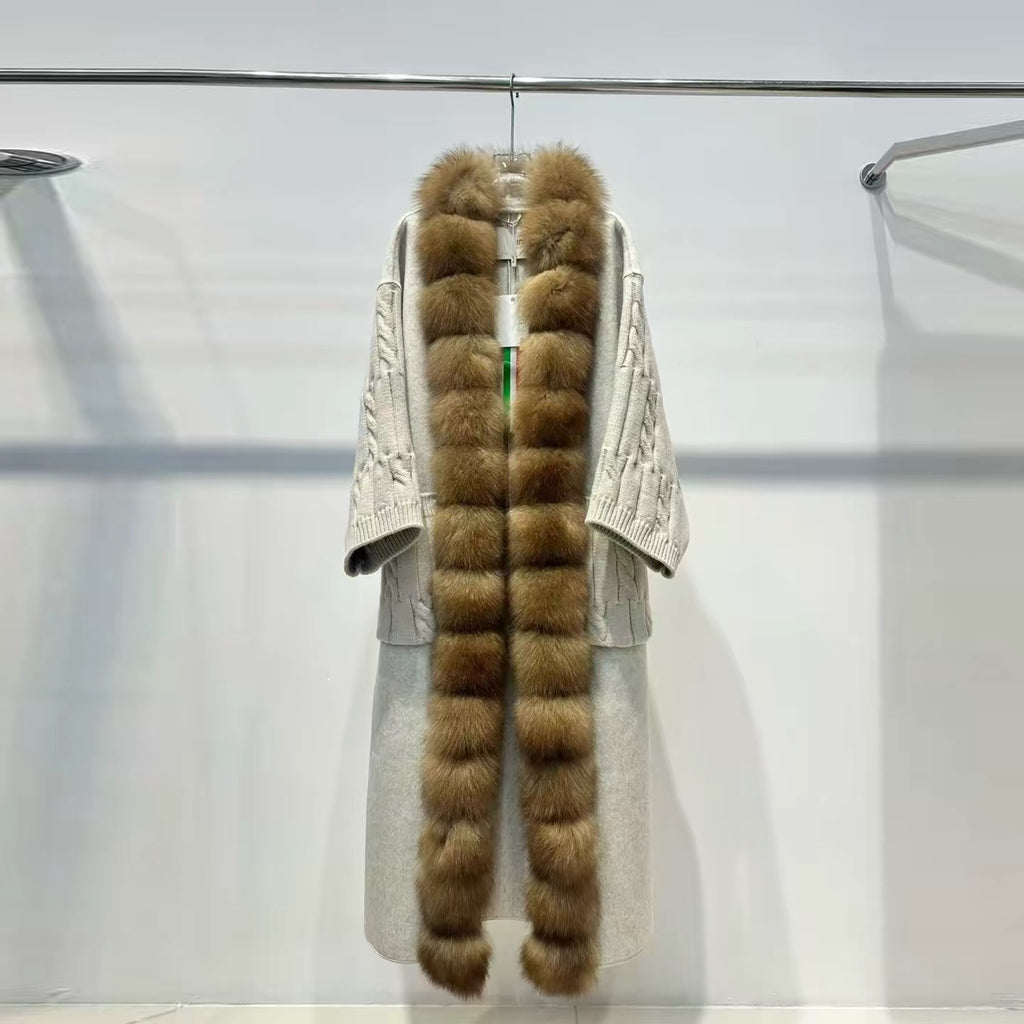 Women’s Long Knit-Panel Wool Coat with Fur Collar