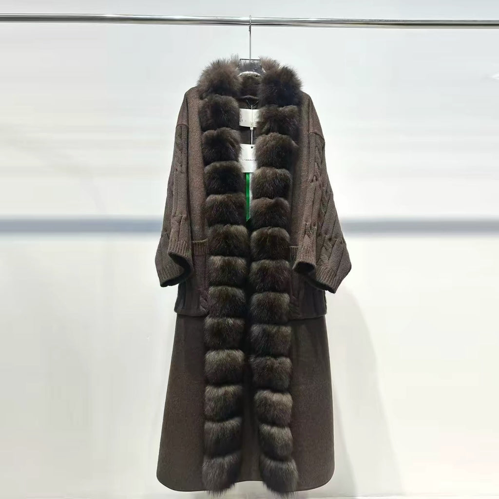 Women’s Long Knit-Panel Wool Coat with Fur Collar