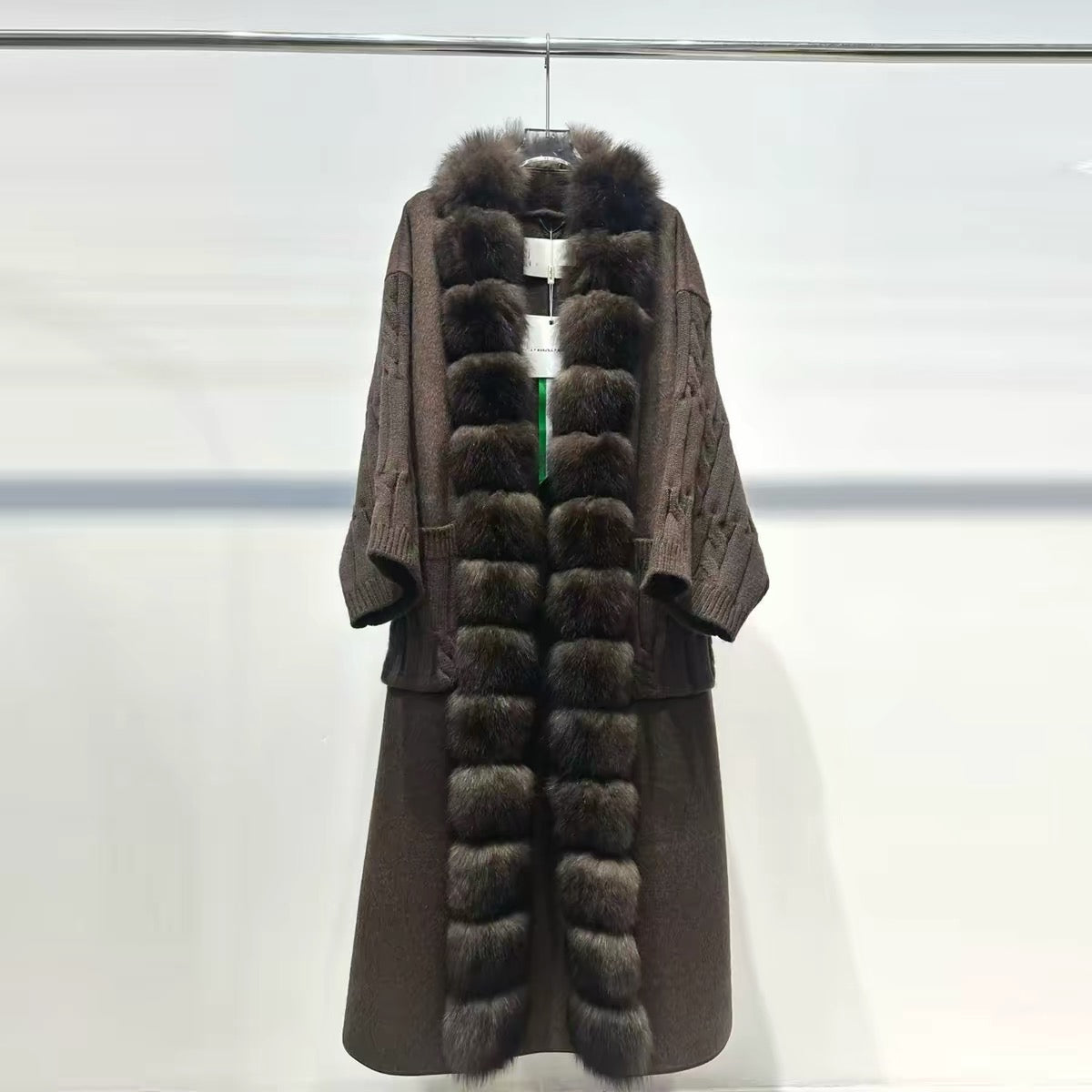 Women’s Long Knit-Panel Wool Coat with Fur Collar