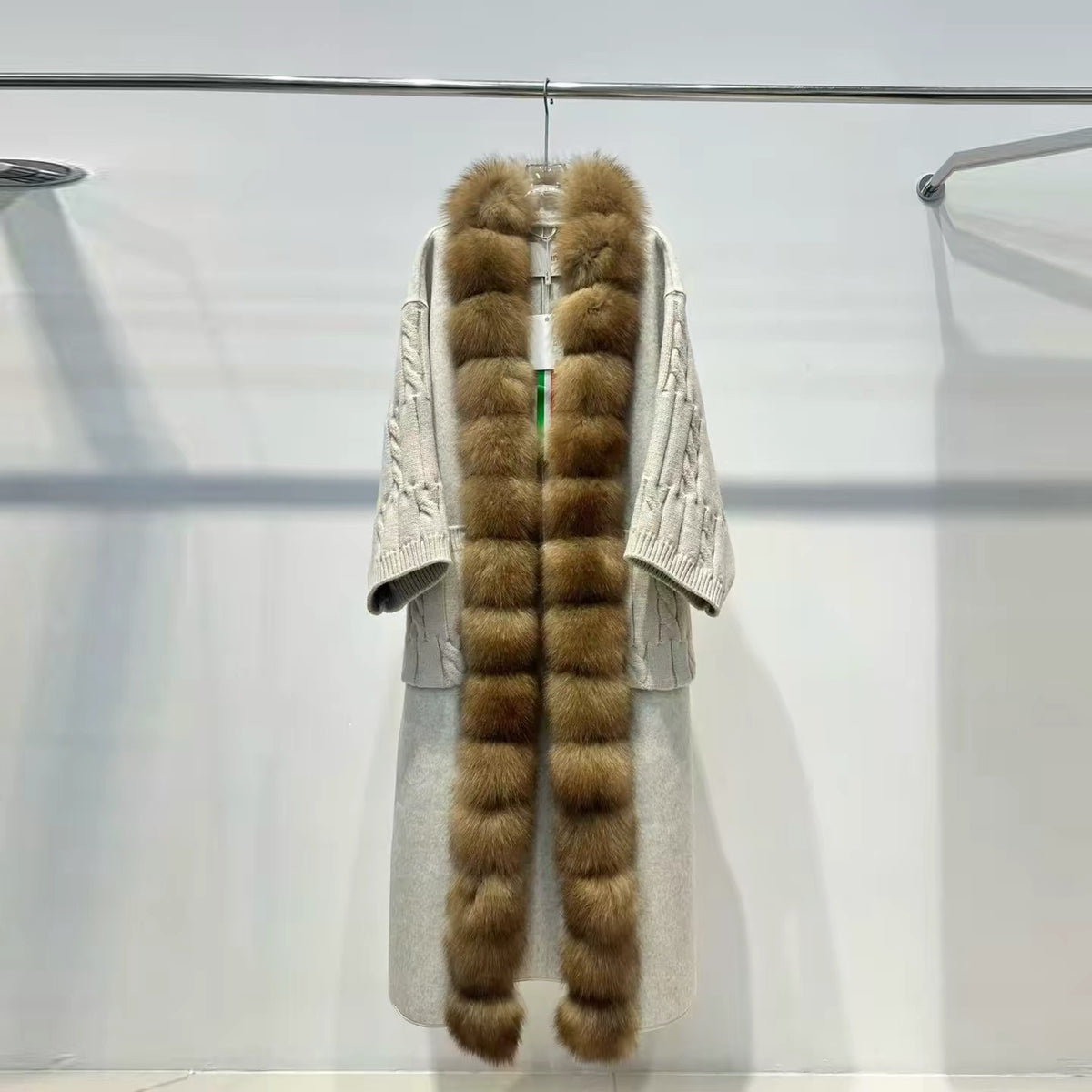 Women’s Long Knit-Panel Wool Coat with Fur Collar