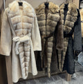 Women’s Long Knit-Panel Wool Coat with Fur Collar