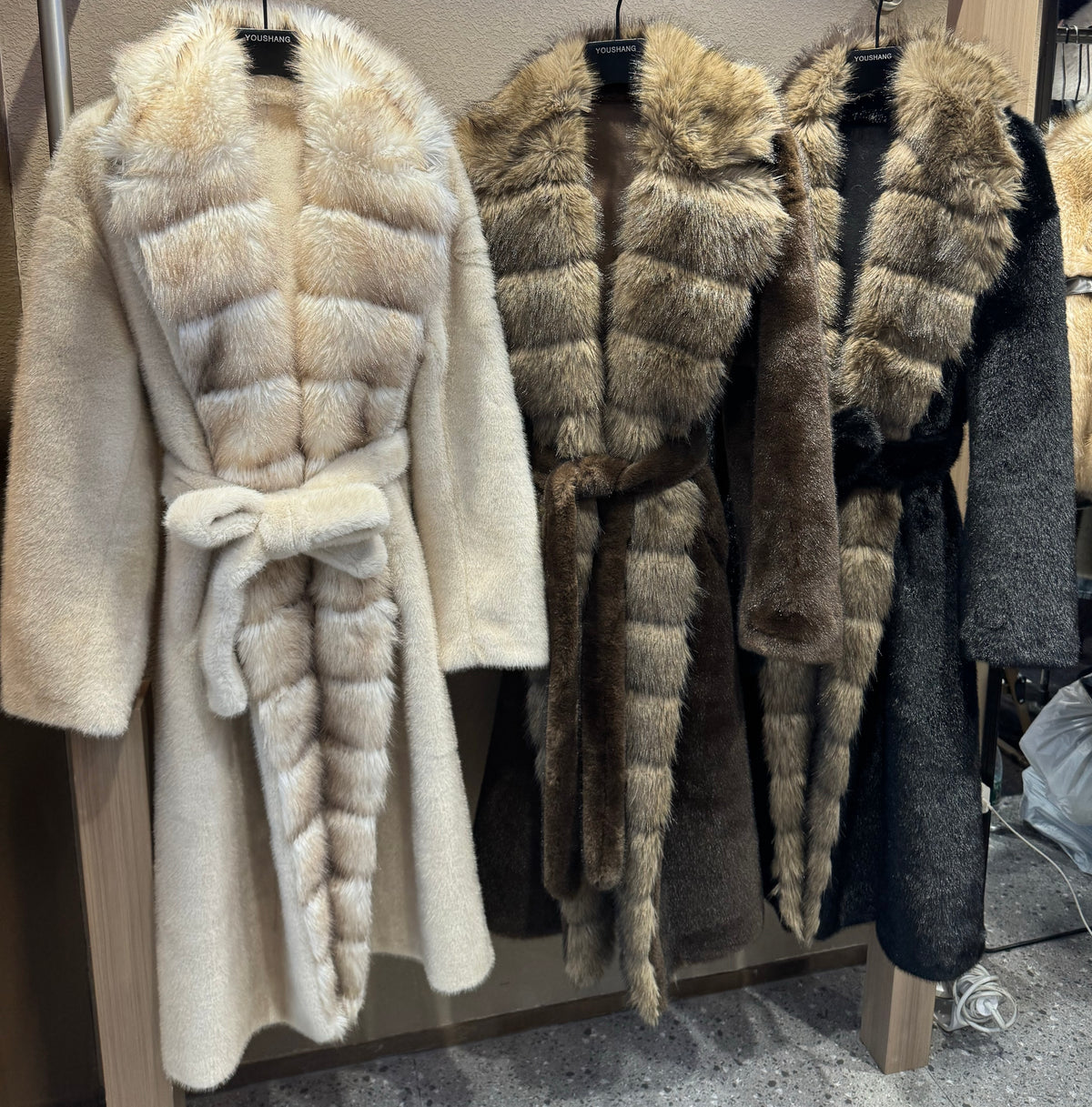 Women’s Long Knit-Panel Wool Coat with Fur Collar